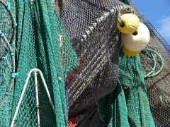 Commercial fishing nets, green and black with blue sky above, and yellow floaty bobbers