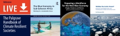 A collage showing four book covers of recent chapter publications by Center for the Blue Economy staff and affiliates--all are related to climate change