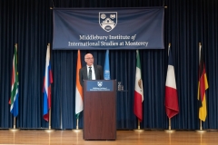 Thom Shanker on stage at the Middlebury Institute
