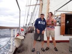 Richard King and Mallory Hoffbeck on board a sailing vessel