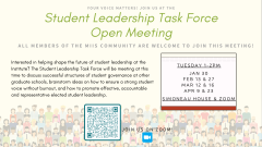 Beige background with multiple cartoon figures to ask people to join the open student leadership task force meetings.