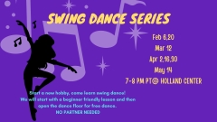 Dark purple background with light purple music notes and a silhouette of a ballet dancer advertising a swing dance seines in the Holland Center on various Tuesday nights through the spring semester.
