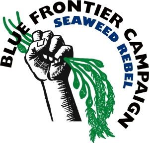 Blue Frontier Logo--a black/white hand upright in the "power" fist, holding green seaweed--with subheader "seaweed rebel"
