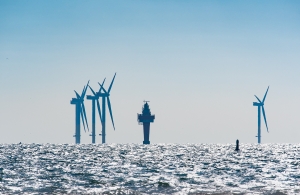 Offshore wind turbines in a choppy sea