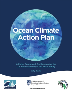 The cover page of the Ocean Climate Action Plan, a blue world on a blue background