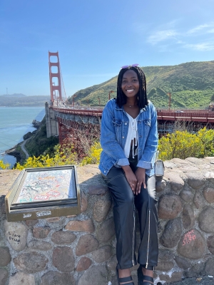 Photo of Salma Rashid in front of Golden Gate Bridge