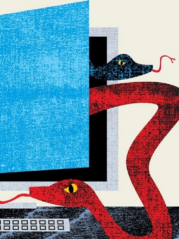 Cropped illustration of two snakes coming out of a computer screen