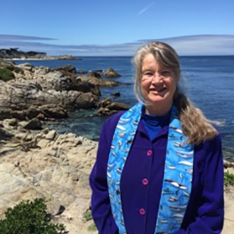 Deborah Streeter, woman with long hair standing in front of ocean and shore, wearing blue shirt, light blue scarf, hosted by CenterForTheBlueEconomy part of HaywardSpeakerSeries.Sp18