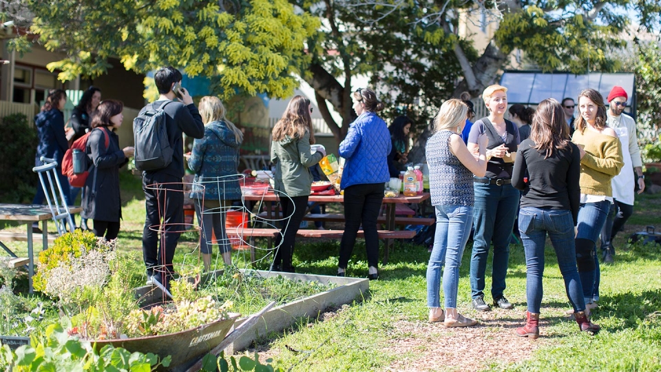 Male and female students mingling in the public garden.