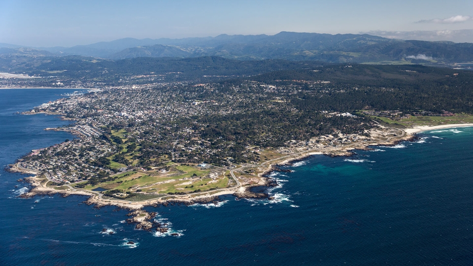 An ariel photograph of the coastline near Monterey, CA.