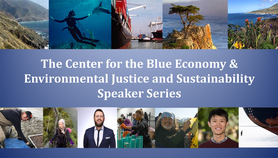 pictures of ocean and coastal related activities, diving, hiking, shipping with the titles of our speaker series, and some of the headshots of fall 2021 speakers