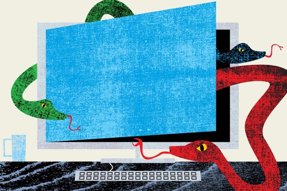 Illustration showing three snakes emerging from a computer screen