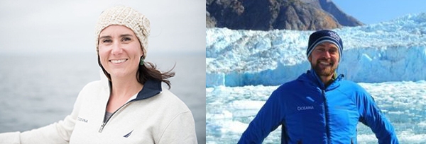 Two speakers from Oceana, on left Ashley Blacow-Draeger dressed warmly in white against a white-grey ocean, and on right, Geoff Shester dressed warmly in blue against a blue glacier