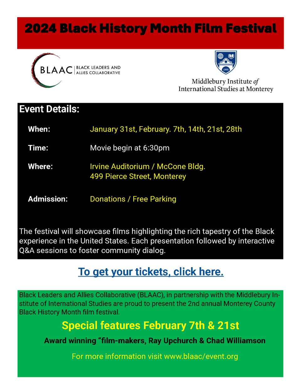 Red, White, Black, and Green 2024 Black History Month Film Festival Flyer.
