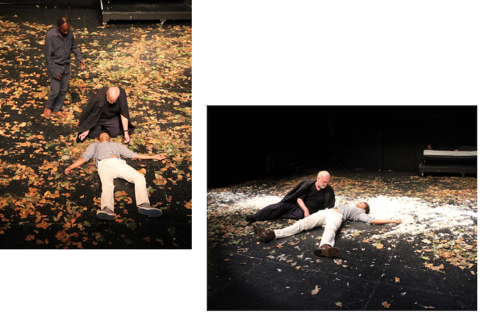 A man lays dying on stage during a School of French play at Middlebury. 