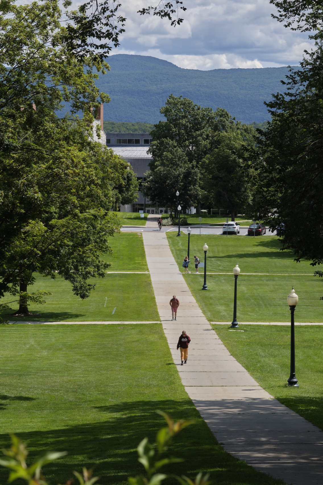 The Vermont mountains in the distance, and the Middlebury College campus in the foreground.