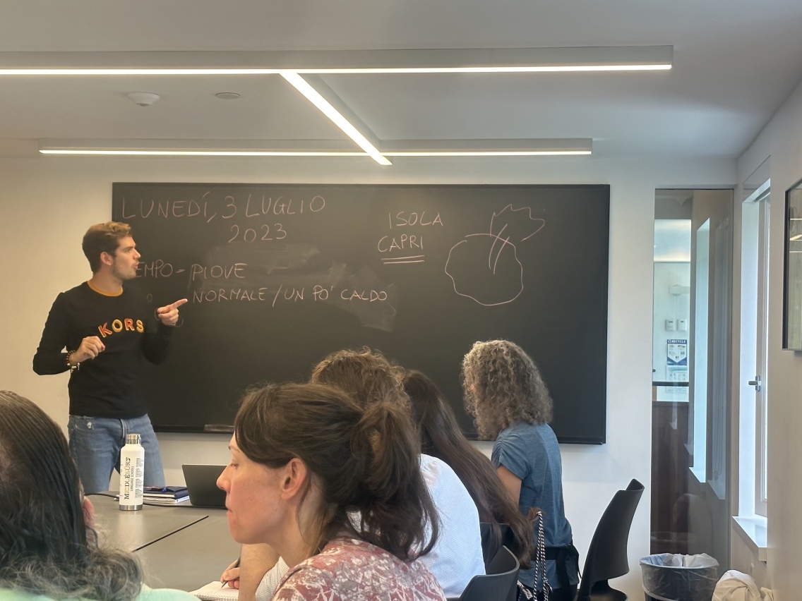 A teacher speaks about Italian grammar at the blackboard.