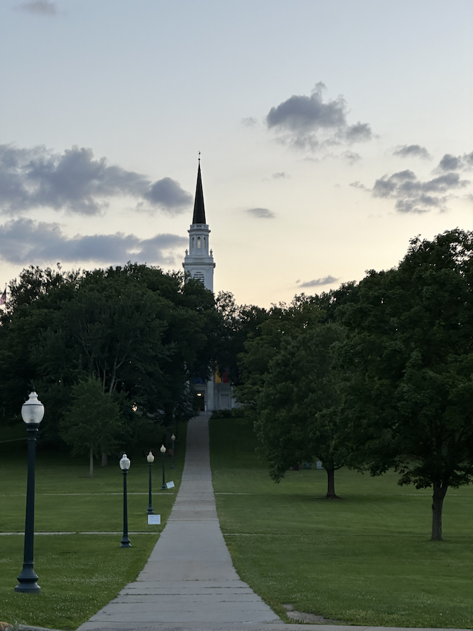 The Middlebury chapel in the evening.
