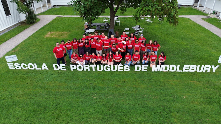 School of Portuguese students gather on the Bennington College lawn. 
