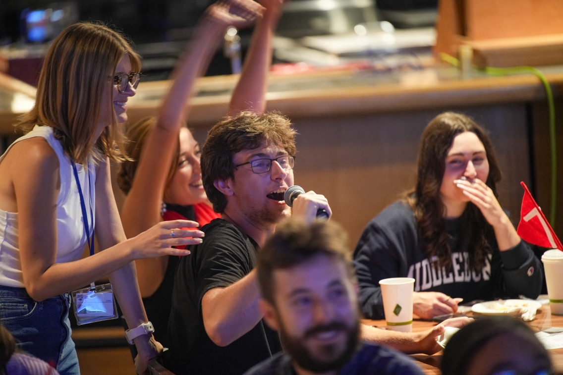 Russian students perform at quiz night.