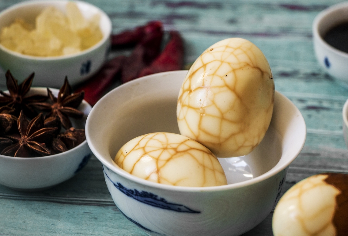 Chinese tea eggs in a dish.
