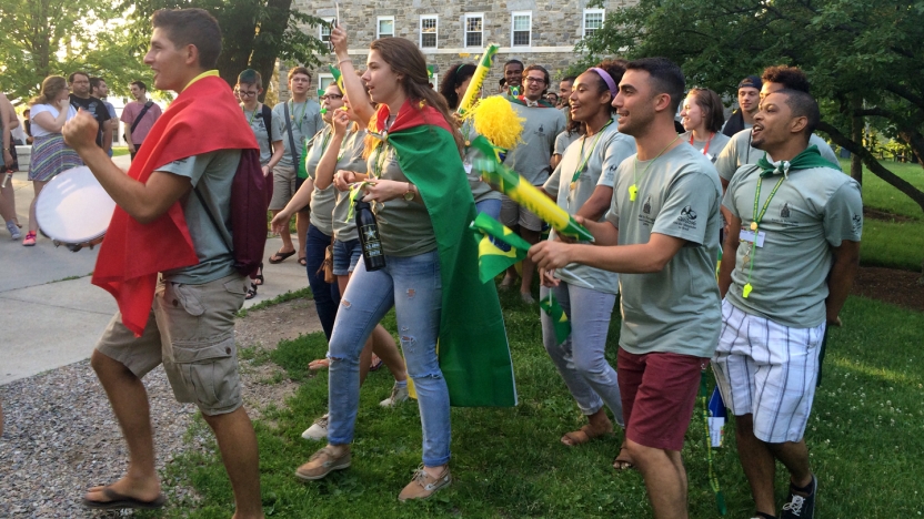 Portuguese school students walking in a parade.