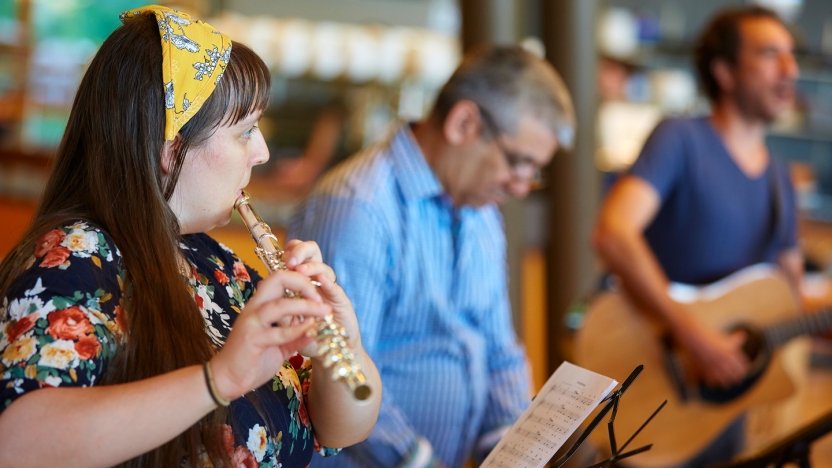 Group of School of Hebrew students play instruments.