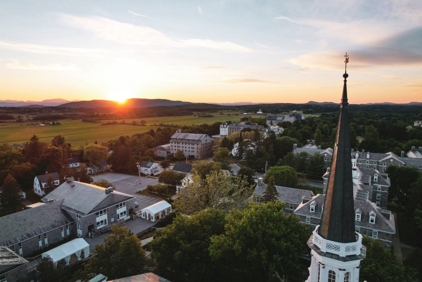 A photo taken at sunset of the Middlebury College campus