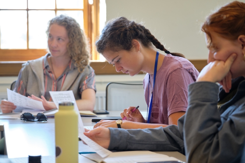 Students concentrate in Hebrew class. 