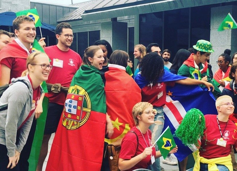 Group of portuguese students and flags