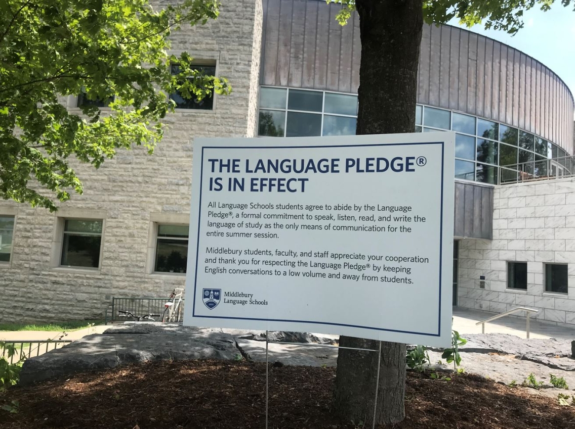 The Language Pledge sign in front of the library.