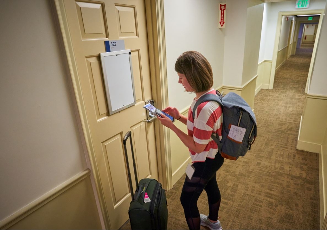 A student at Middlebury Language Schools checks into her room.