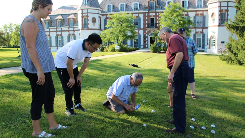 Five French language school students playing a game outside on a campus lawn.