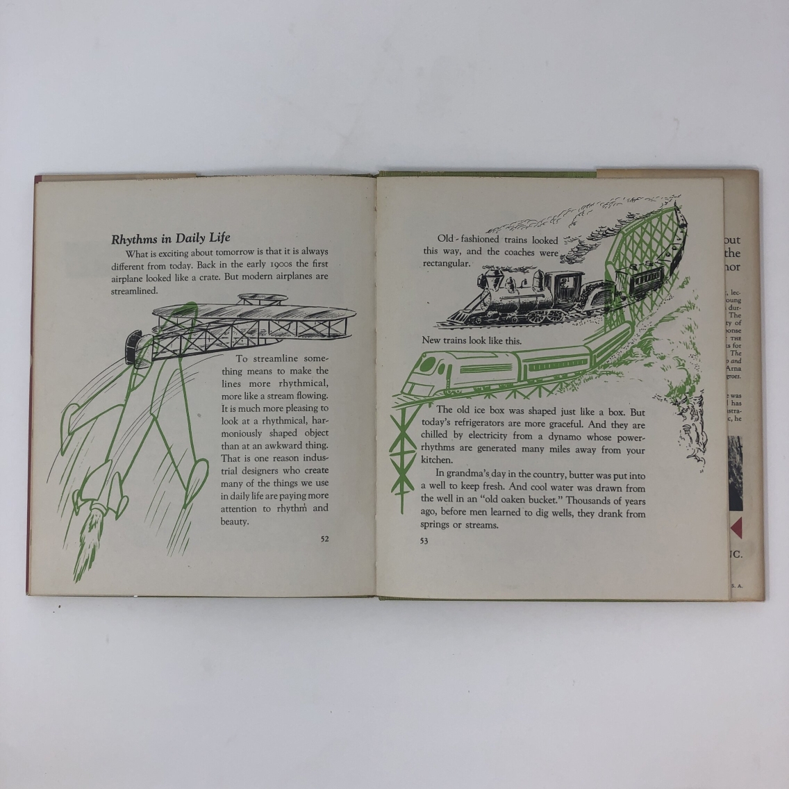 Photograph of an open page in The First Book of Rhythms. This section is entitled "The Rhythms of Daily Life" and features an illustration of a plane and of a train.
