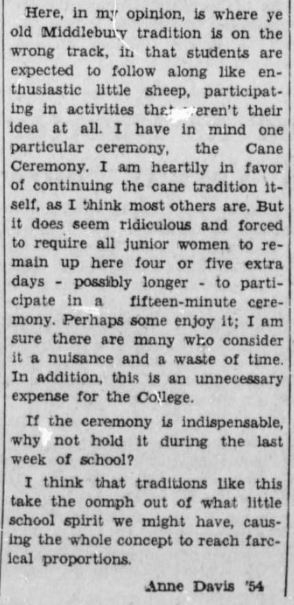 Snip from a 1954 issue of the Campus in which Anne Davis '54 criticizes the cane ceremony