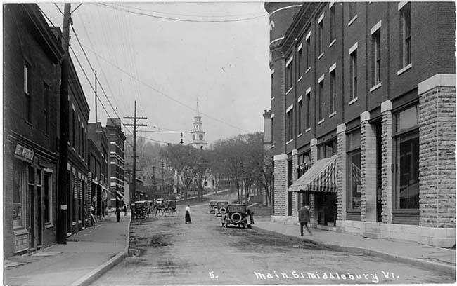 Historic postcard photograph of Main St. Middlebury, Vermont