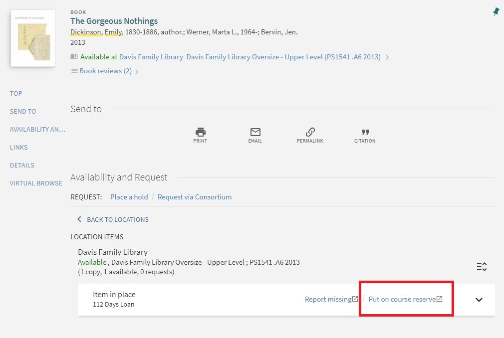 Put on course reserve link in LibrarySearch