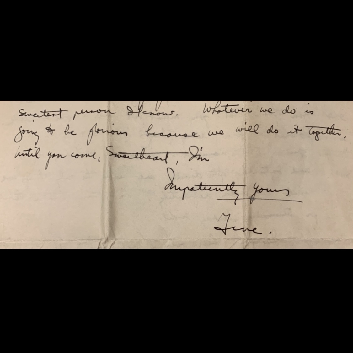 handwritten love letter from Eugene Exman to his future wife Gladys "Sunny" Miller during their engagement. He spends the letter bemoaning the obligations in New York that prevent him from going to see her sooner before signing off, "Impatiently Yours, Gene."