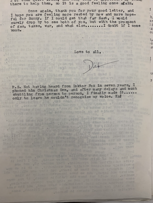 typescript letter from Richard Weagly to Eugene Exman dated March 24, 1975, with postscript regarding Virgil Fox: “Not having heard from Doktor Fox in seven years, I phoned him Christmas Eve, and after many delays and much shuttling from person to person, I finally made it…… only to learn he couldn’t recognize my voice. HA!”