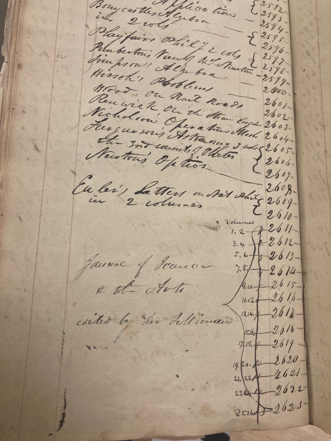 handwritten ledger with list of books and numbers