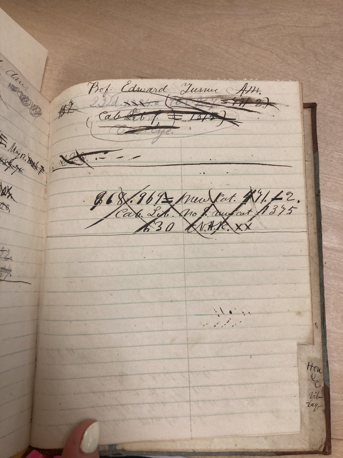 journal with handwritten Prof Edward Turner and scratched out book titles and numbers with dates