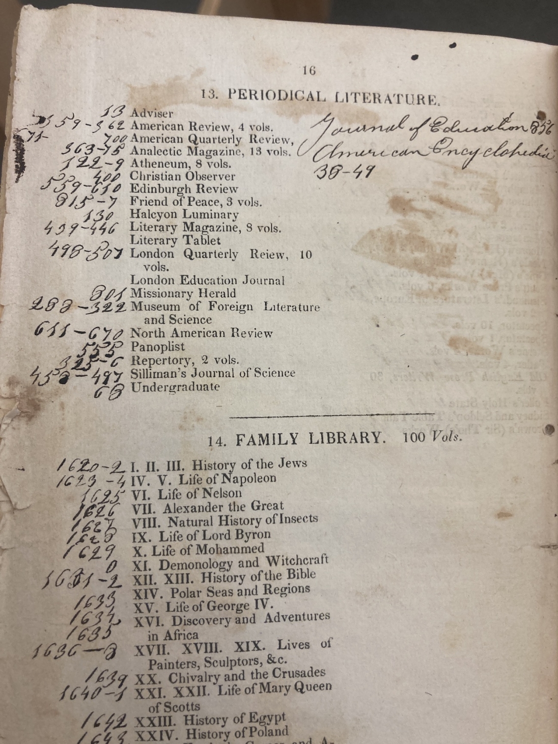 page with list of books and handwritten numbers