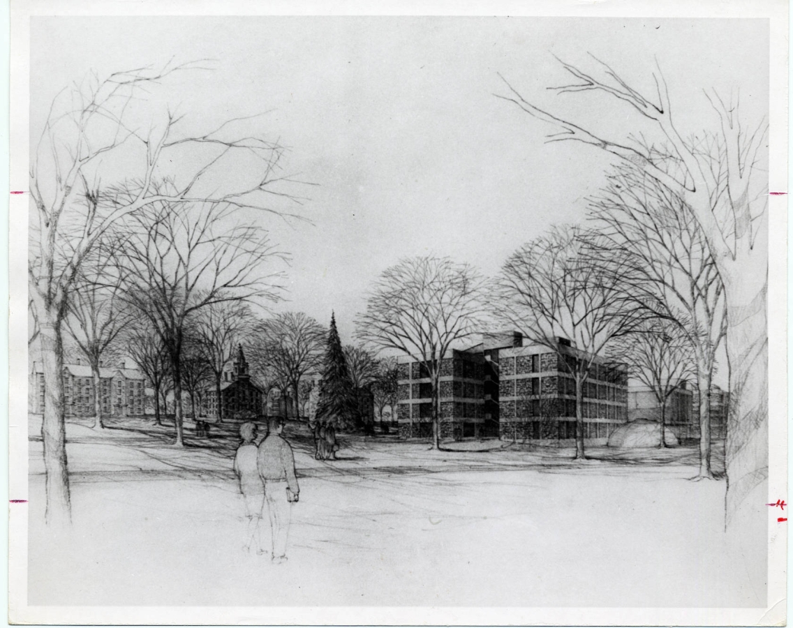 architectural sketch of building with bare trees and two human figures