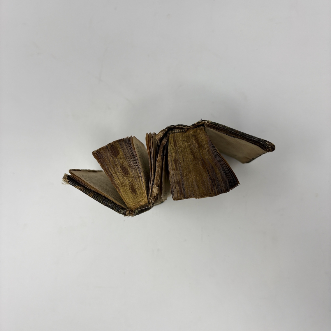 two books bound into one, view from above on white background