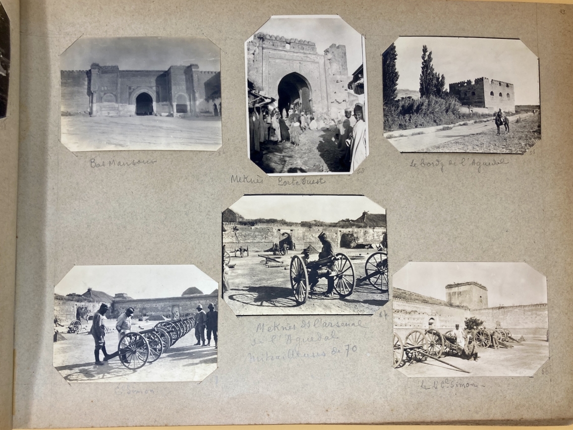 photo album page with photos of cannons and machine guns in Meknes