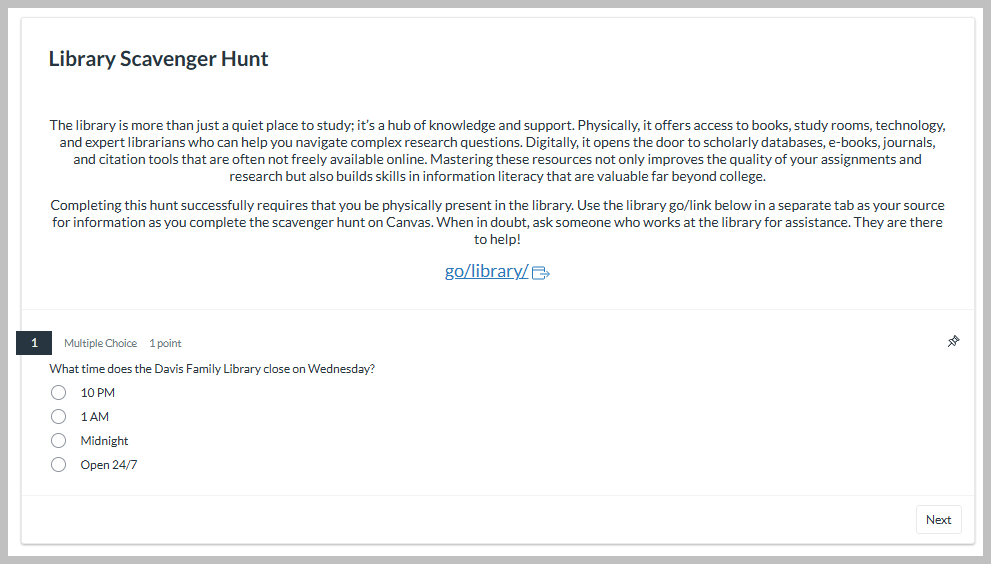 screenshot of first question in scavenger hunt