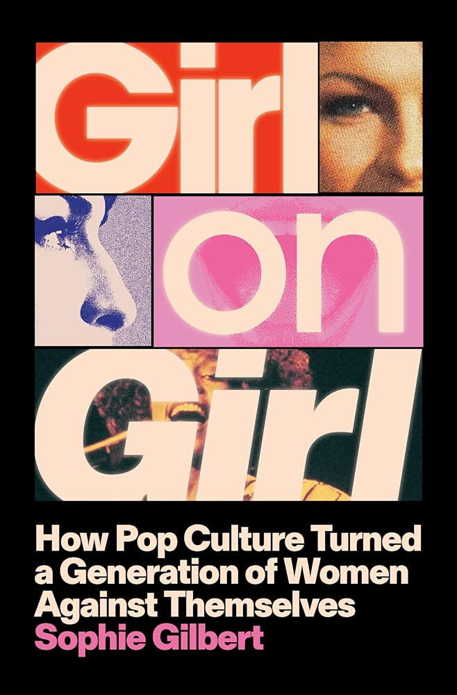 cover image for "girl on girl" book. Black cover with neon lettering and old magazine images of a house wife and a black singer.