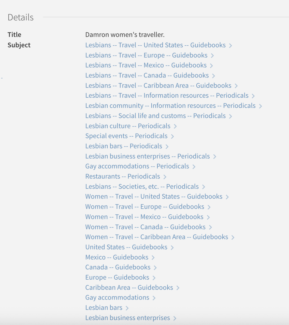 Screenshot of subject headings in Damron women's traveler catalog record