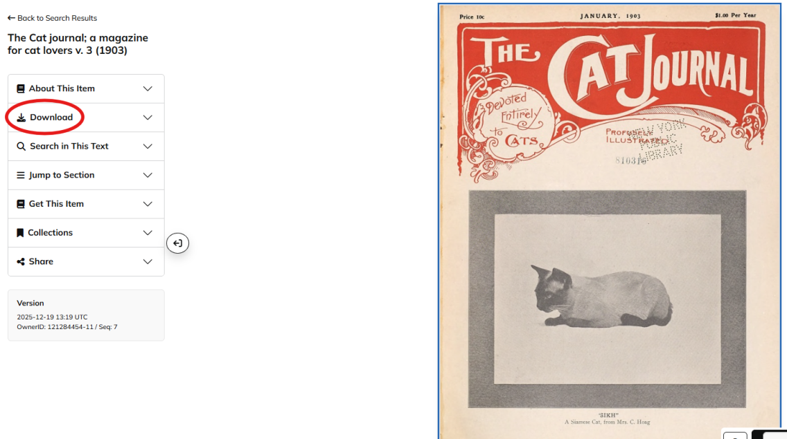 Image showing Download option to the left of a document called "The Cat Journal"