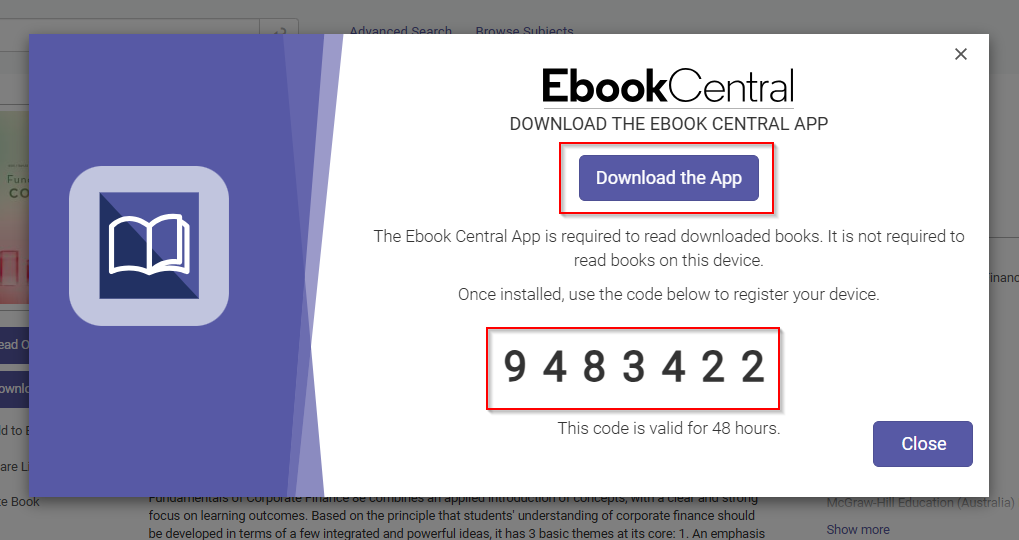 Ebook Central pop-up message prompting user to download the app and copy a code to register a device. 